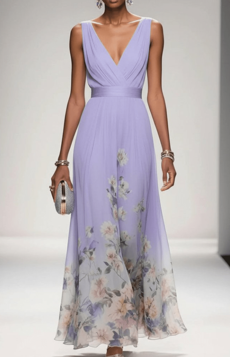 Women's sleeveless floral maxi dress with V-neck wrap bodice and flowing skirt