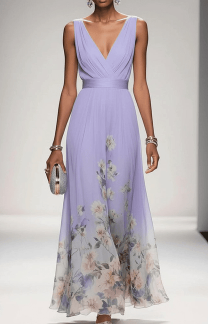 Women's sleeveless floral maxi dress with V-neck wrap bodice and flowing skirt