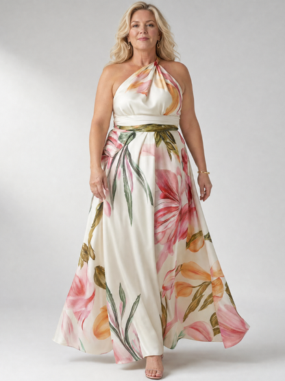 Women's floral halter maxi dress with a flowing full-length skirt
