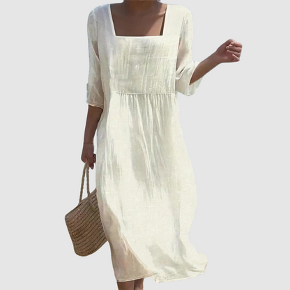 Women's cream square-neck midi dress with three-quarter sleeves and gathered waist