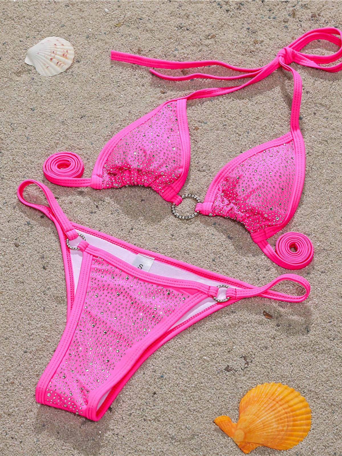 Women's embellished triangle bikini set with ring details and tie sides