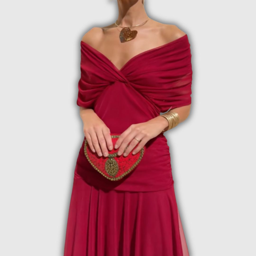Women's wrap maxi dress with V-neckline, short sheer sleeves and ruched sides