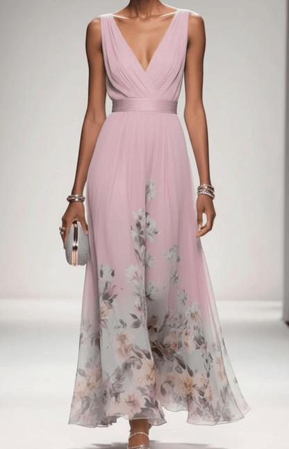 Women's sleeveless floral maxi dress with V-neck wrap bodice and flowing skirt