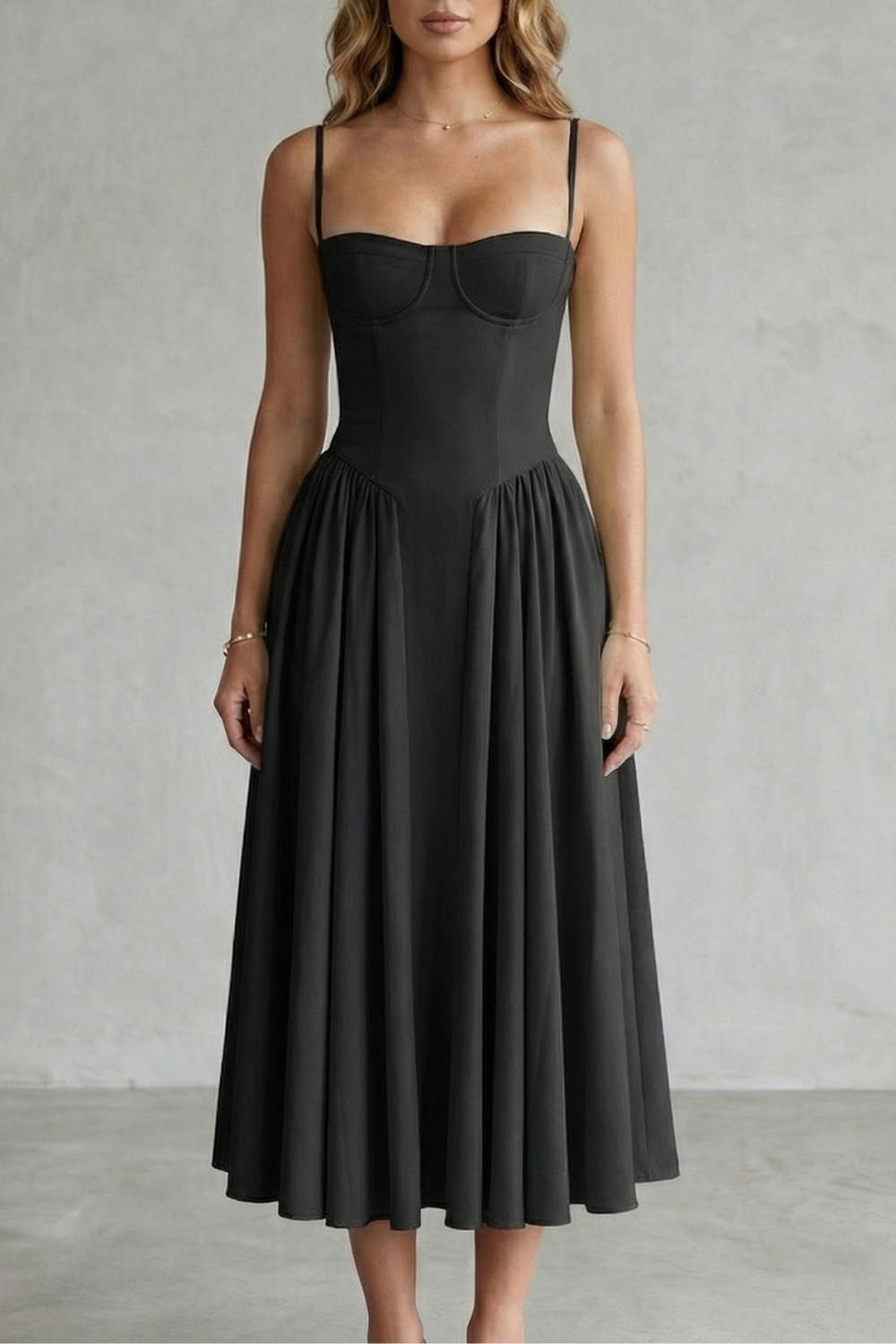 Women's structured midi dress with corset bodice, spaghetti straps and full gathered skirt