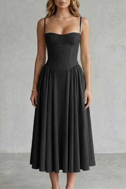 Women's structured midi dress with corset bodice, spaghetti straps and full gathered skirt