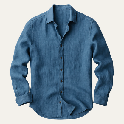 Men's long sleeve collared shirt with button front and curved hem