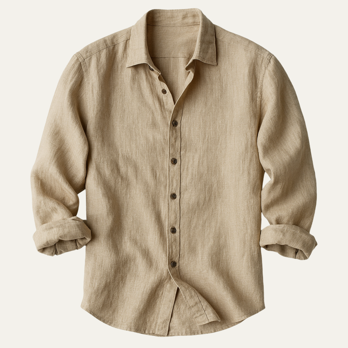 Men's long sleeve collared shirt with button front and curved hem
