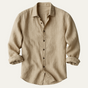 Men's long sleeve collared shirt with button front and curved hem