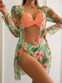 Women's floral three-piece bikini set with twist-front top and long-sleeve cover-up