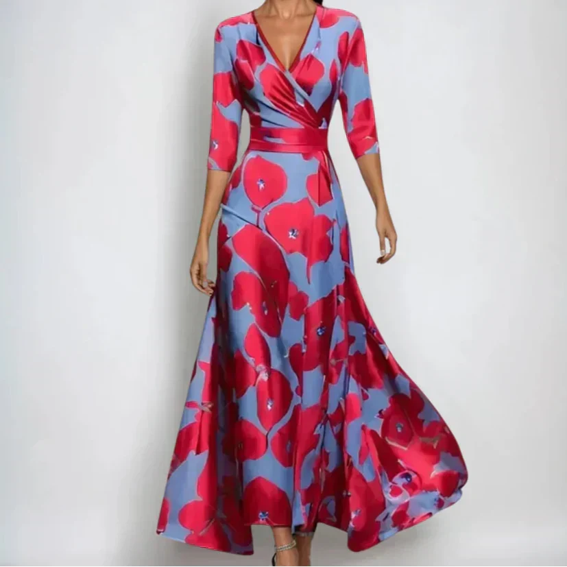 Women's multicoloured wrap maxi dress with V-neckline, three-quarter sleeves and flared skirt