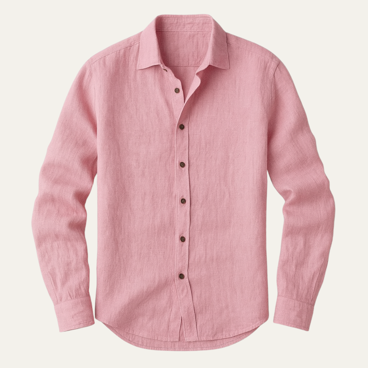 Men's long sleeve collared shirt with button front and curved hem