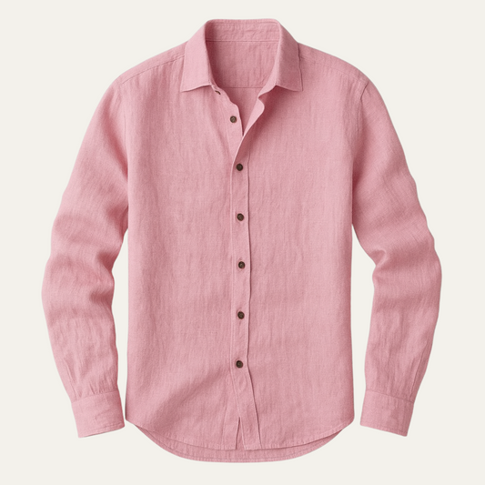Men's long sleeve collared shirt with button front and curved hem