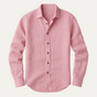 Men's long sleeve collared shirt with button front and curved hem