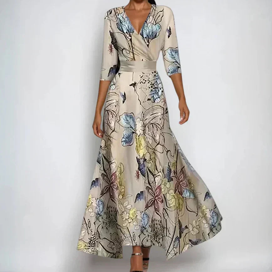 Women's multicoloured wrap maxi dress with V-neckline, three-quarter sleeves and flared skirt