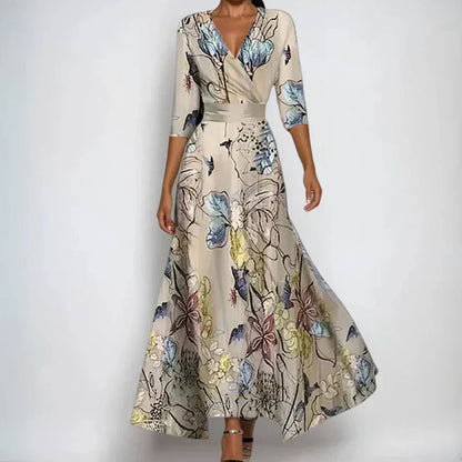 Women's multicoloured wrap maxi dress with V-neckline, three-quarter sleeves and flared skirt