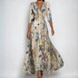 Women's multicoloured wrap maxi dress with V-neckline, three-quarter sleeves and flared skirt