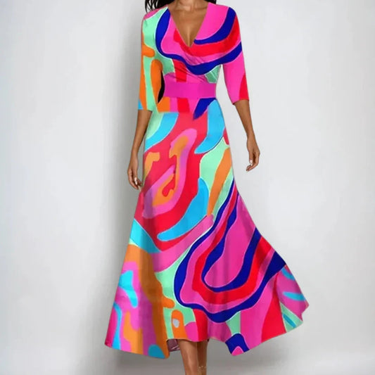 Women's multicoloured wrap maxi dress with V-neckline, three-quarter sleeves and flared skirt