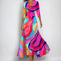 Women's multicoloured wrap maxi dress with V-neckline, three-quarter sleeves and flared skirt