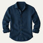 Men's long sleeve collared shirt with button front and curved hem