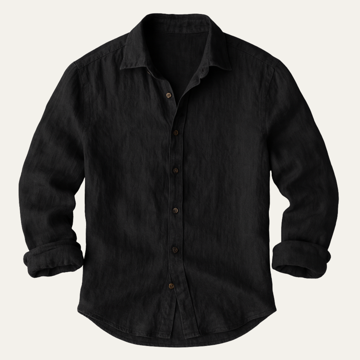 Men's long sleeve collared shirt with button front and curved hem
