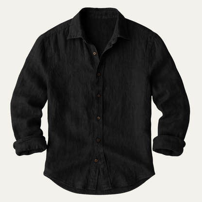 Men's long sleeve collared shirt with button front and curved hem