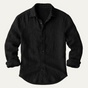 Men's long sleeve collared shirt with button front and curved hem