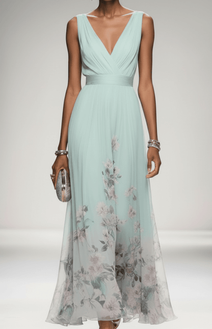 Women's sleeveless floral maxi dress with V-neck wrap bodice and flowing skirt