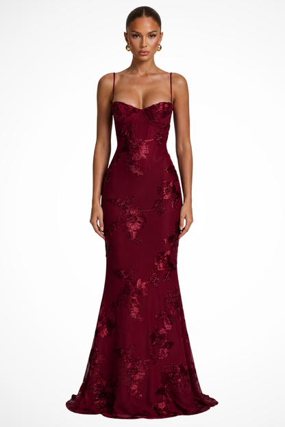 Vestido largo con corsé y bordado de flores de mujer con tirantes finos