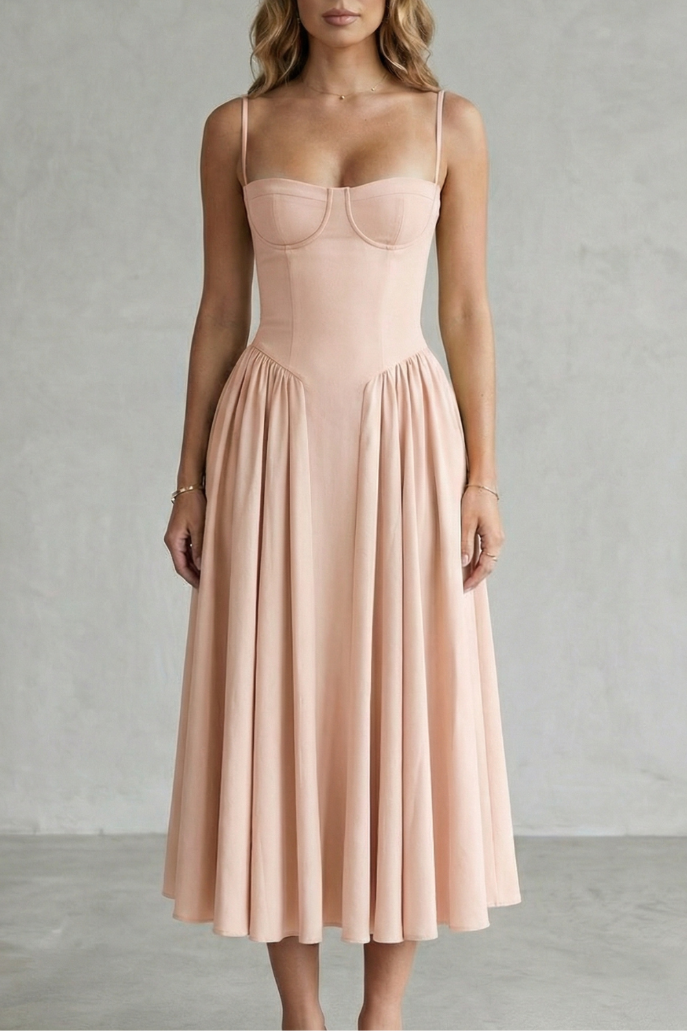 Women's structured midi dress with corset bodice, spaghetti straps and full gathered skirt