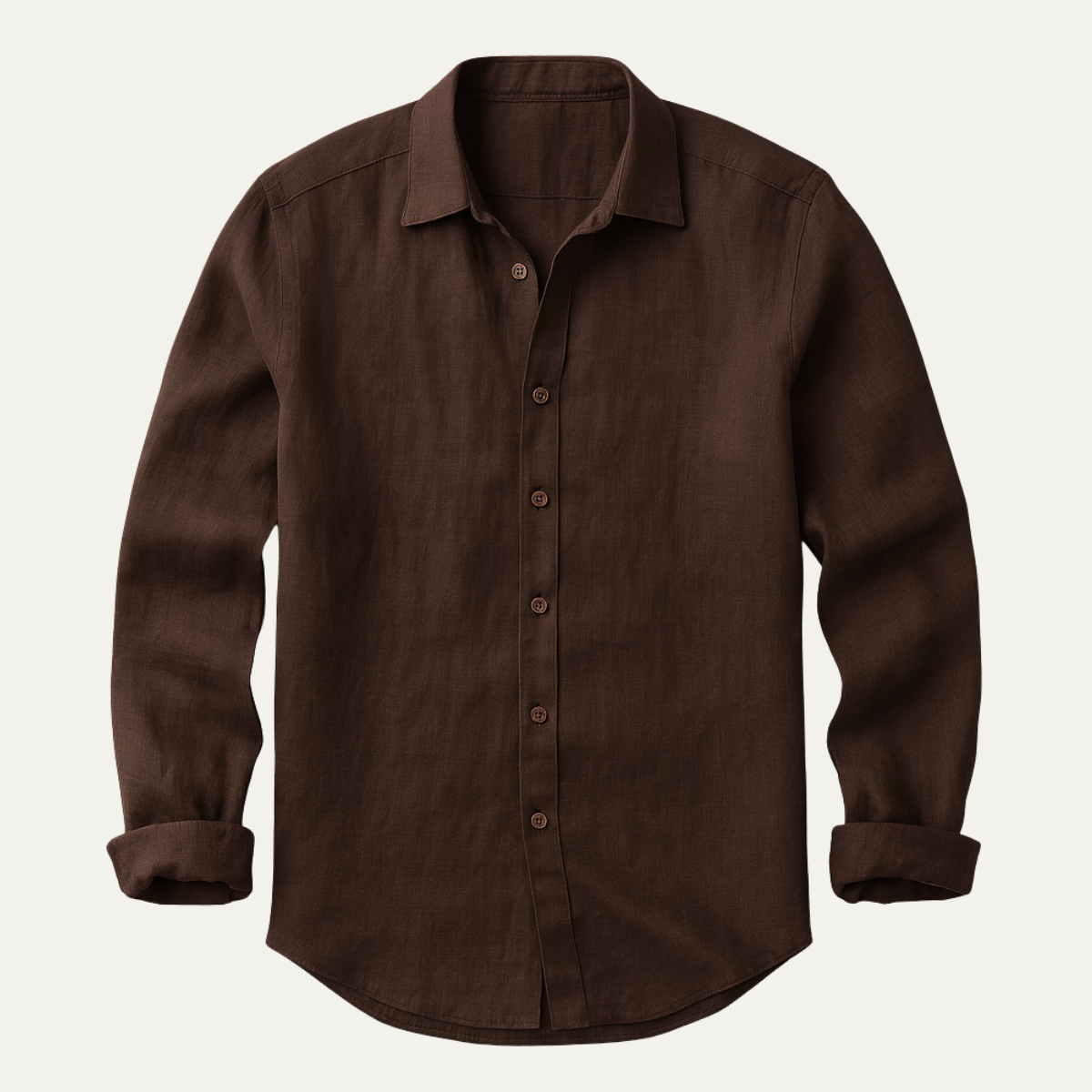 Men's long sleeve collared shirt with button front and curved hem