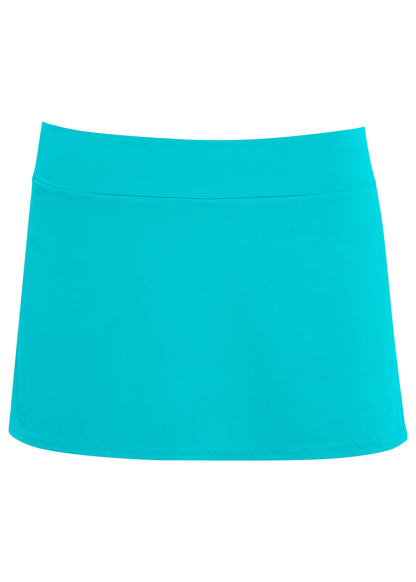 Women's blue high-waisted mini swim skirt with wide waistband