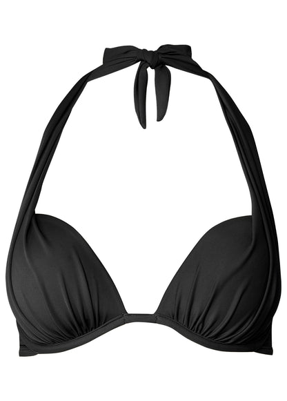Black halter push-up bikini top with plunging neckline and gathered cups