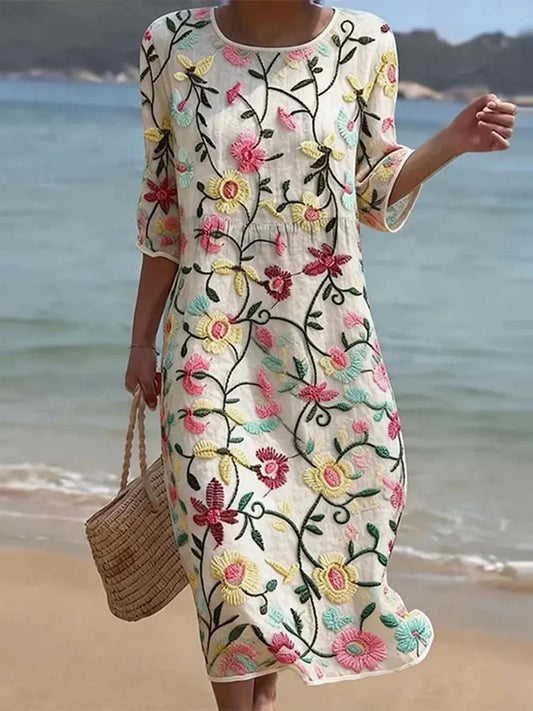 Women's cream floral embroidered midi dress with round neck and three-quarter sleeves