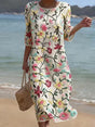 Women's cream floral embroidered midi dress with round neck and three-quarter sleeves