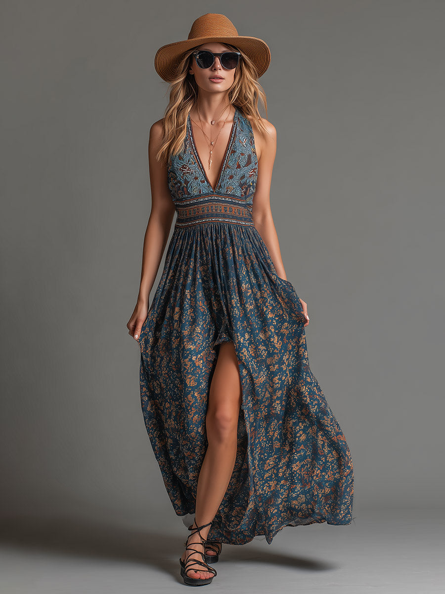 Women's teal floral halter maxi dress with deep V-neckline and front split