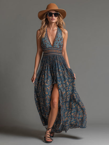 Women's teal floral halter maxi dress with deep V-neckline and front split