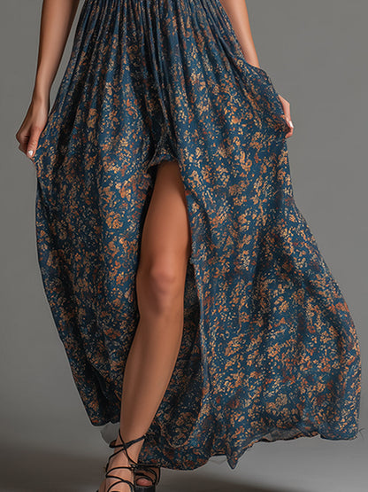 Women's teal floral halter maxi dress with deep V-neckline and front split