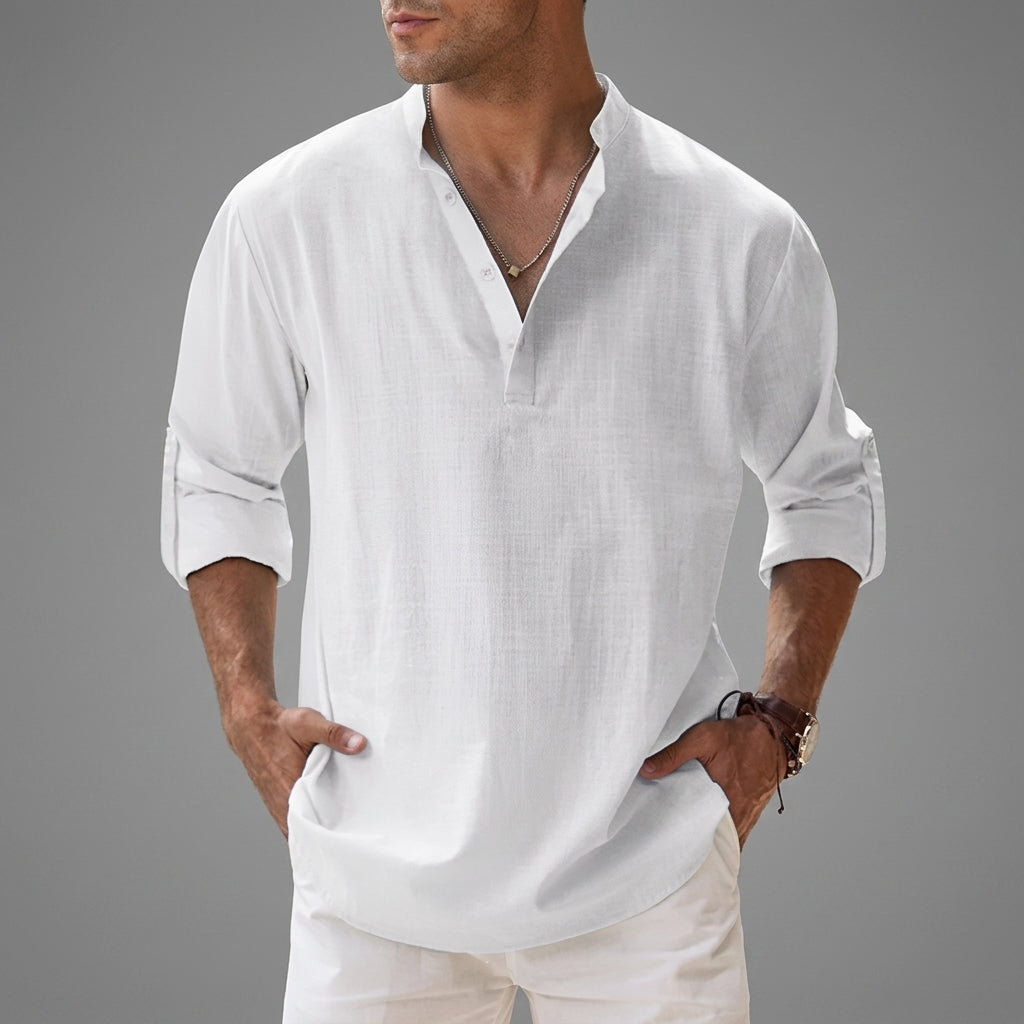 Men's relaxed plain shirt with stand collar, button placket and rolled sleeves