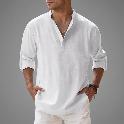 Men's relaxed plain shirt with stand collar, button placket and rolled sleeves