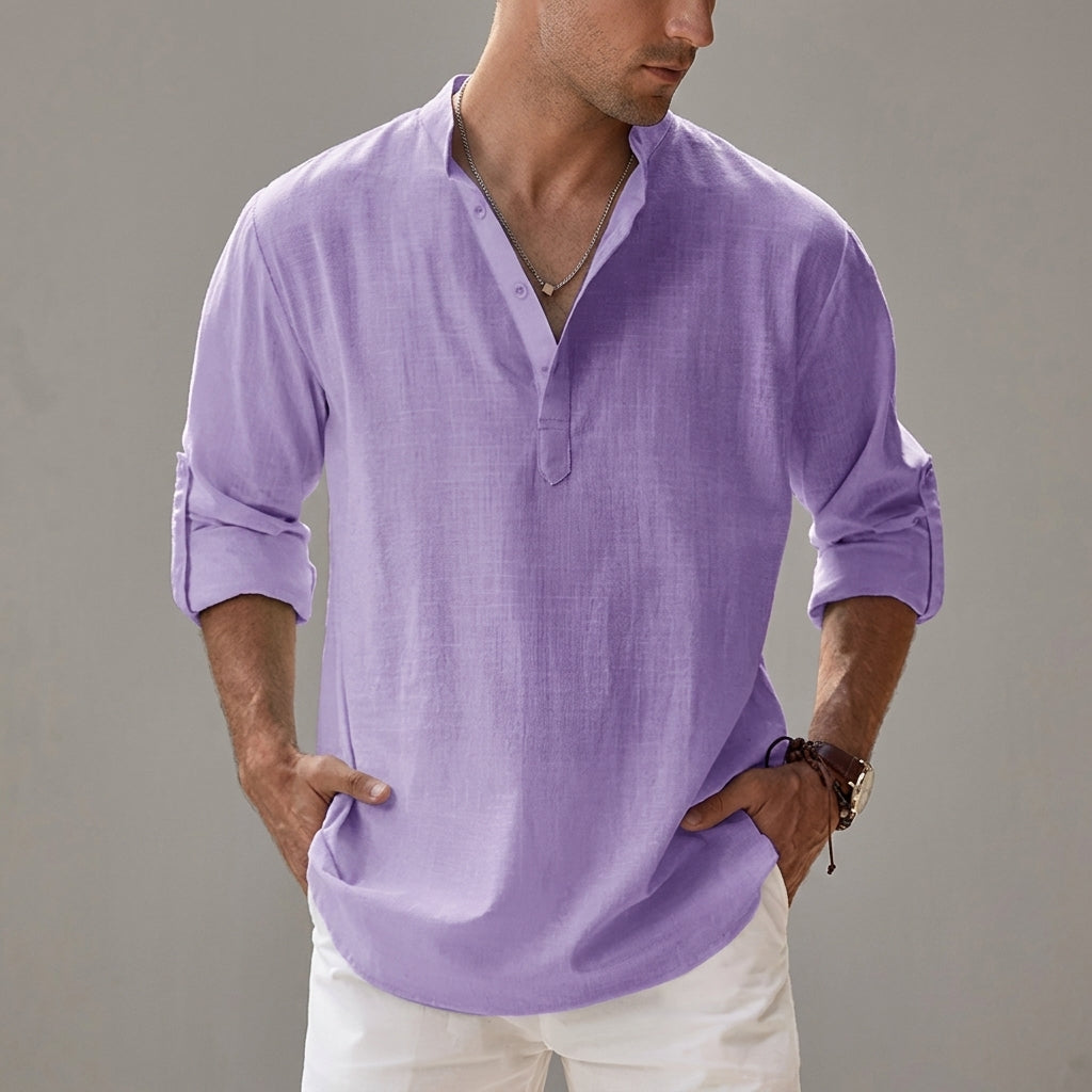 Men's relaxed plain shirt with stand collar, button placket and rolled sleeves