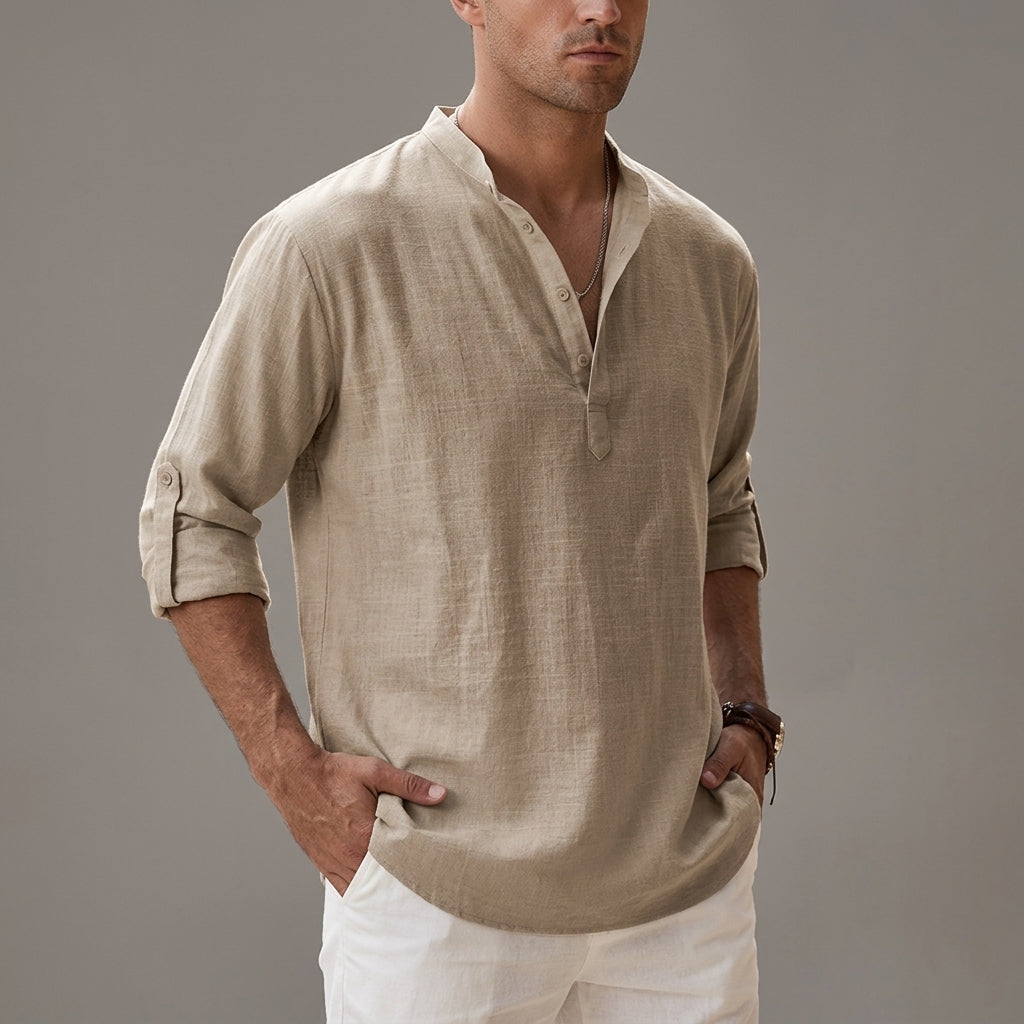 Men's relaxed plain shirt with stand collar, button placket and rolled sleeves