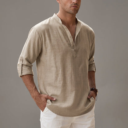 Men's relaxed plain shirt with stand collar, button placket and rolled sleeves