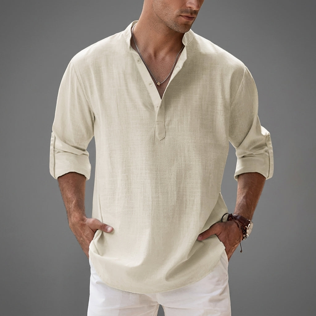 Men's relaxed plain shirt with stand collar, button placket and rolled sleeves