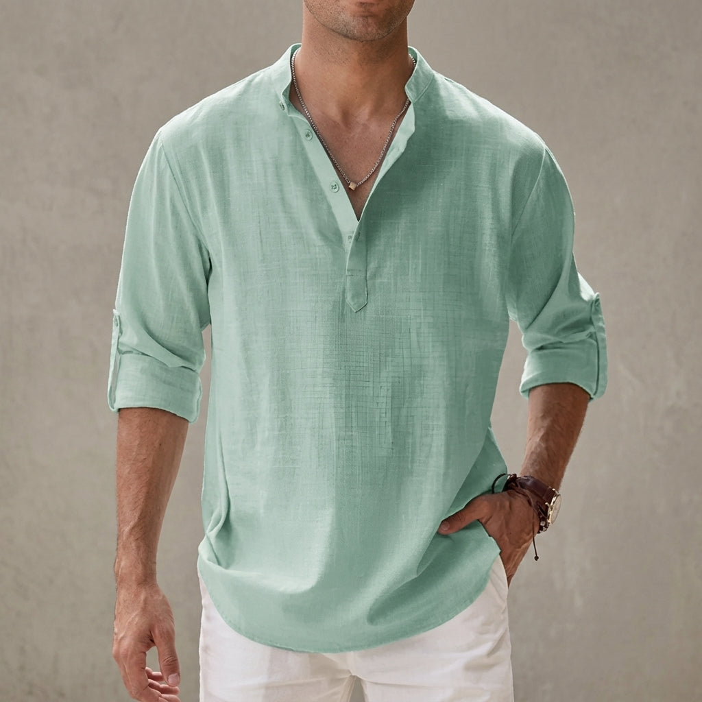 Men's relaxed plain shirt with stand collar, button placket and rolled sleeves