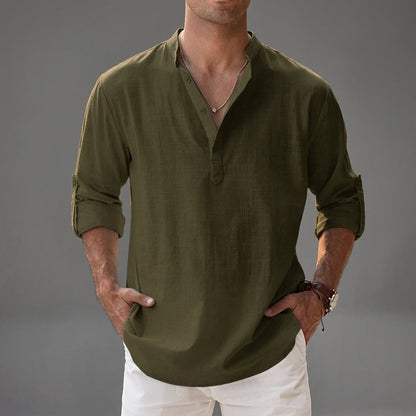 Men's relaxed plain shirt with stand collar, button placket and rolled sleeves
