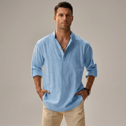Men's relaxed plain shirt with stand collar, button placket and rolled sleeves