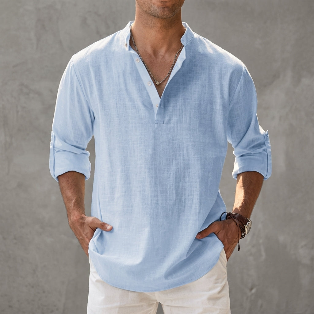 Men's relaxed plain shirt with stand collar, button placket and rolled sleeves