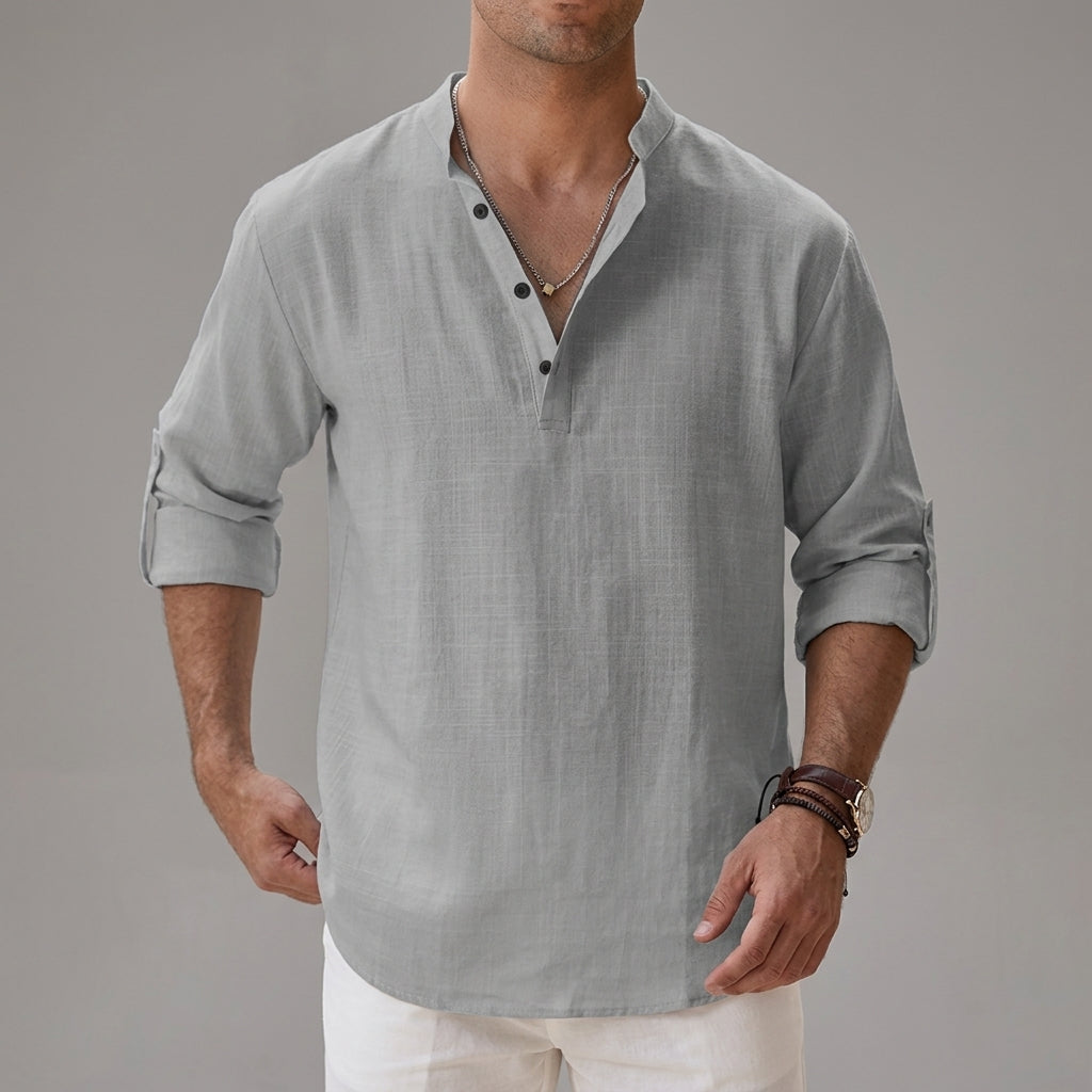 Men's relaxed plain shirt with stand collar, button placket and rolled sleeves