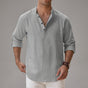 Men's relaxed plain shirt with stand collar, button placket and rolled sleeves