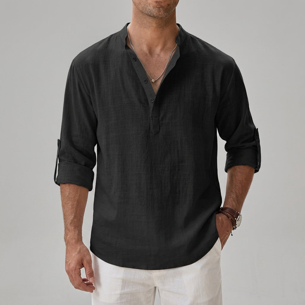 Men's relaxed plain shirt with stand collar, button placket and rolled sleeves